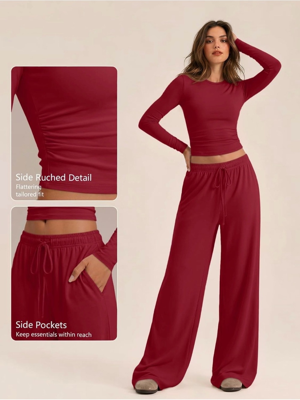 Trendy queen Women’s Long Sleeve Ruched Top & Wide-Leg Lounge Pants - Wine